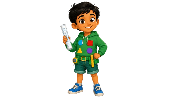 Arjun, a thoughtful young problem-solver with maths shapes