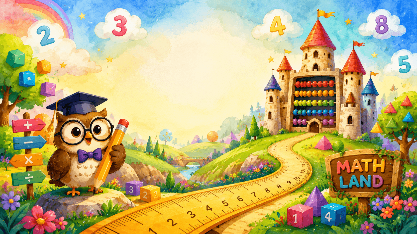 Talyzo's owl guide — in a graduation cap and glasses, holding a pencil — beside a number-line path winding through Maths Land to a castle