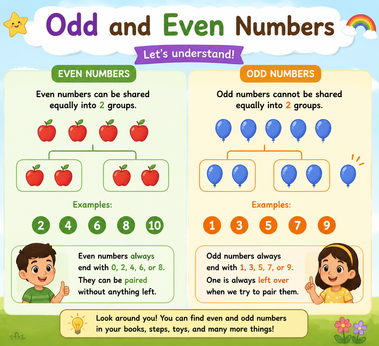 Poster showing red apples pairing up evenly for even numbers 2, 4, 6, 8, 10, and blue balloons with one left over for odd numbers 1, 3, 5, 7, 9, with a reminder that even numbers end in 0, 2, 4, 6 or 8 and odd numbers end in 1, 3, 5, 7 or 9