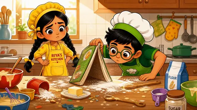 A peek inside the free comic: Riya and Arjun in the Magical Maths Kitchen, hunting for the missing Pattern Pizza recipe