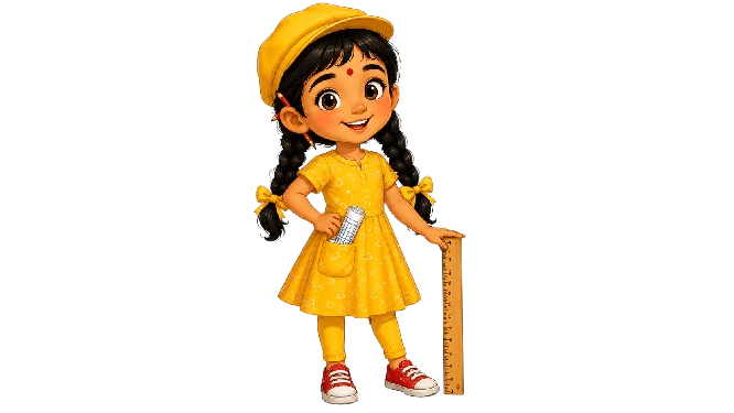 Riya, a curious young explorer holding a ruler