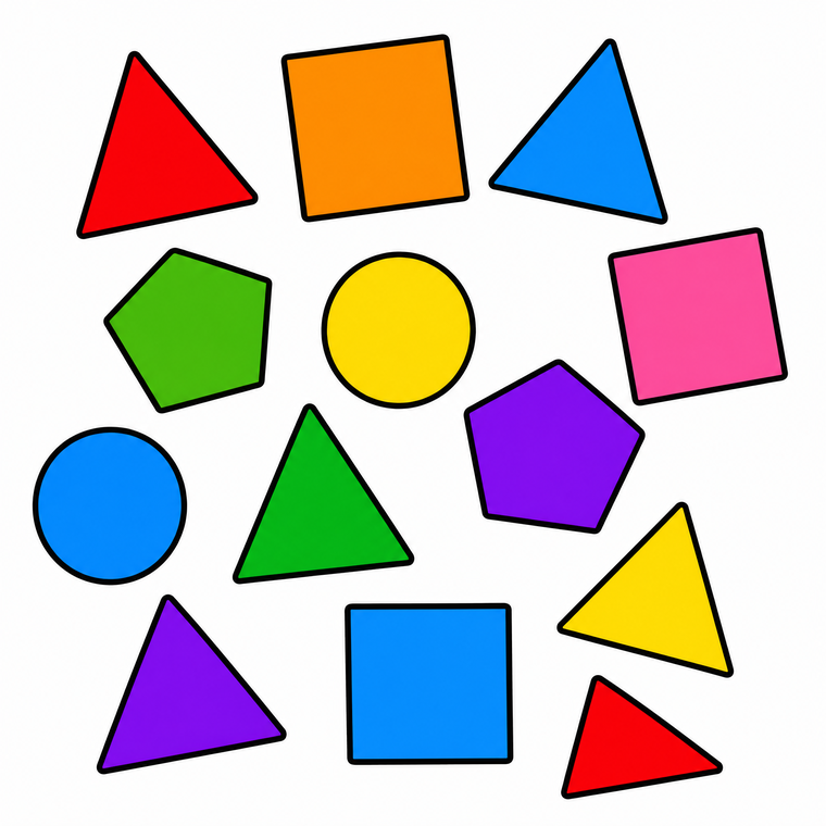 A group of coloured shapes that contains six triangles