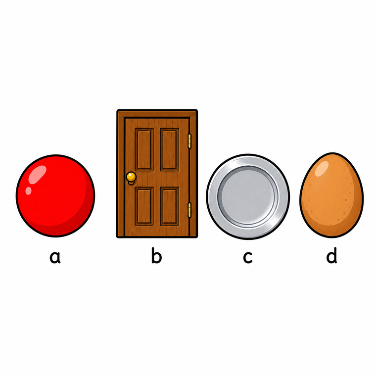 Four everyday objects labelled a to d: a ball, a door, a plate and an egg