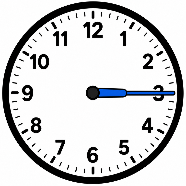 A clock face showing the hour hand pointing to 3