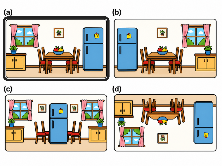 Four kitchen scenes labelled a to d, for a mirror-image question