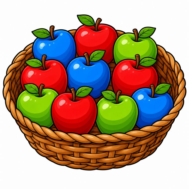 A basket of ten apples — some red, some green and some blue