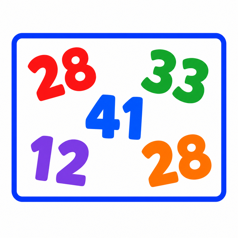 Five coloured numbers — 28, 33, 41, 12 and 28 — inside a rectangle